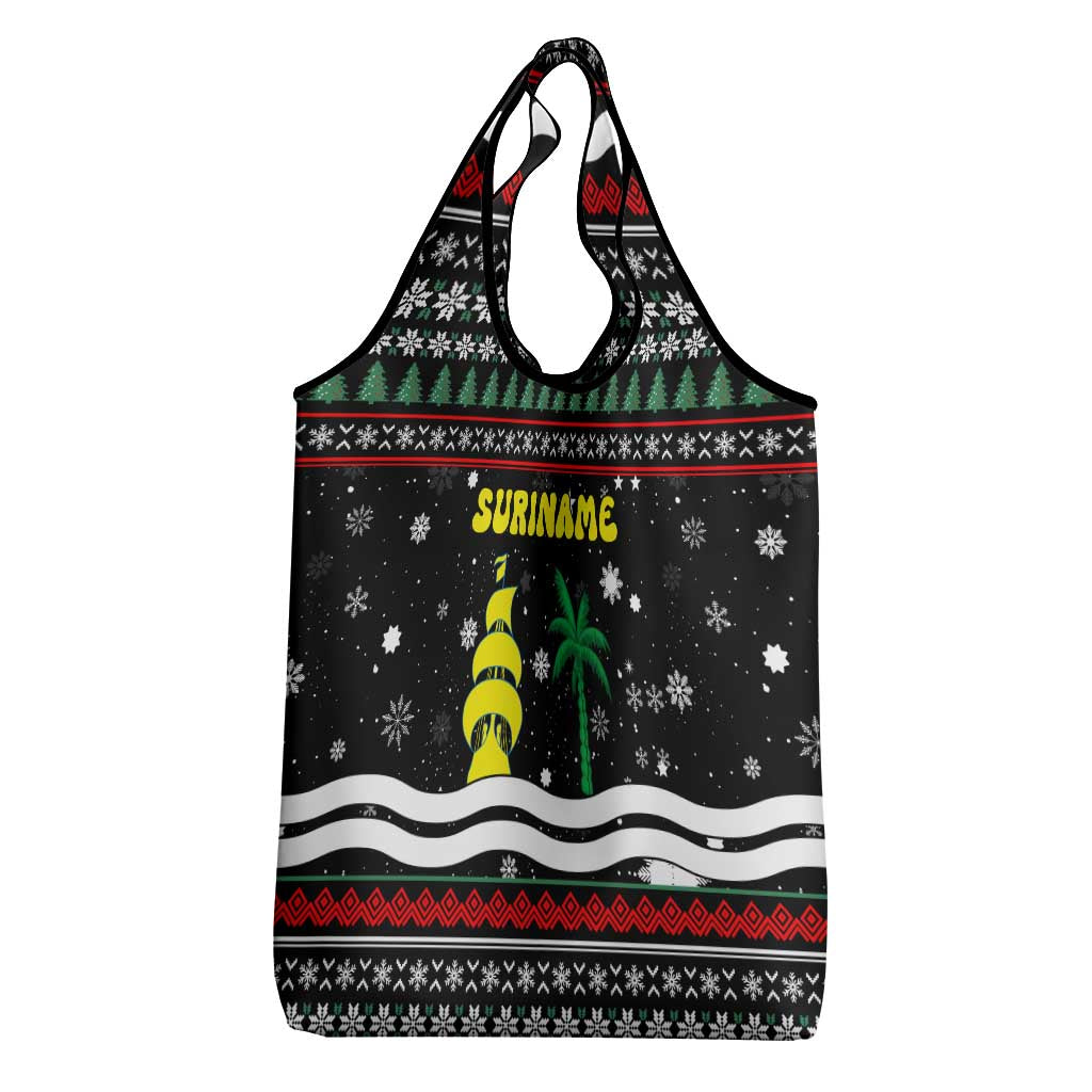 Suriname Christmas Grocery Bag with Black Festive Pattern, Golden Ship, Palm Tree, and Coat of Arms Motif - Wonder Print Shop