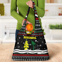 Suriname Christmas Grocery Bag with Black Festive Pattern, Golden Ship, Palm Tree, and Coat of Arms Motif - Wonder Print Shop
