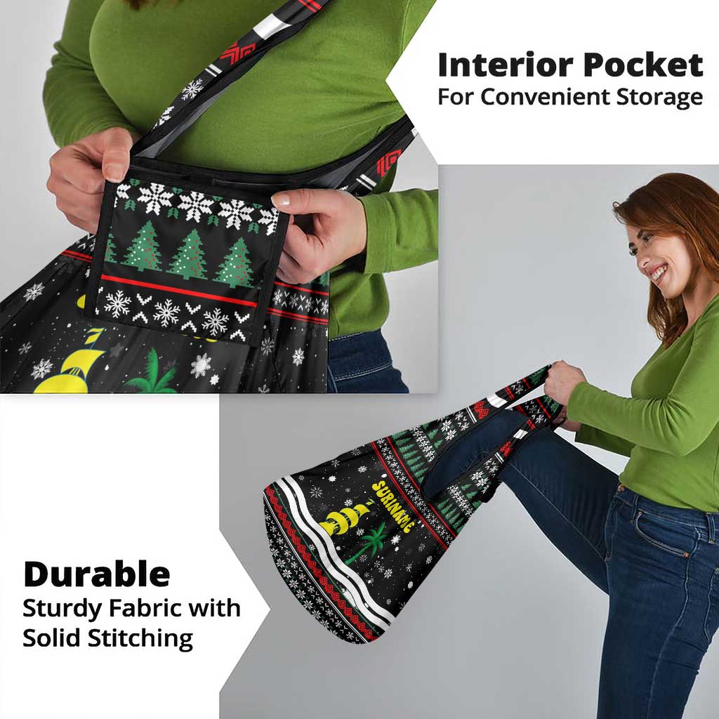 Suriname Christmas Grocery Bag with Black Festive Pattern, Golden Ship, Palm Tree, and Coat of Arms Motif - Wonder Print Shop