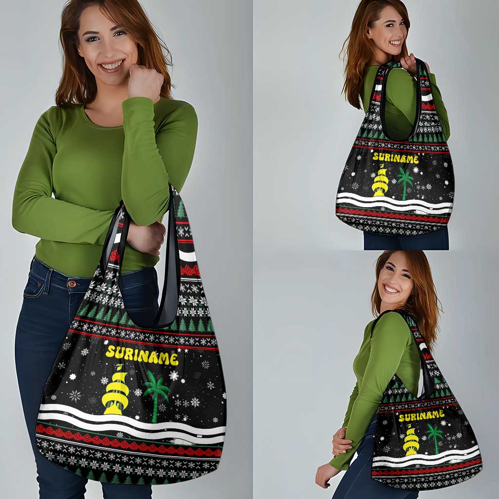 Suriname Christmas Grocery Bag with Black Festive Pattern, Golden Ship, Palm Tree, and Coat of Arms Motif - Wonder Print Shop