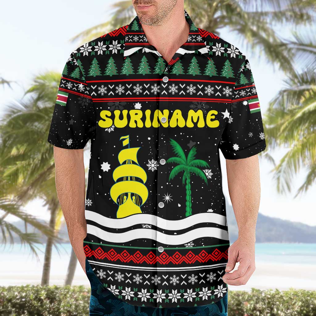 Suriname Christmas Hawaiian Shirt with Black Festive Pattern, Golden Ship, Palm Tree, and Coat of Arms Motif - Wonder Print Shop