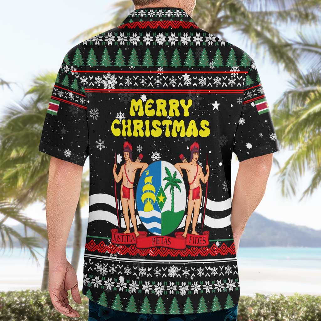 Suriname Christmas Hawaiian Shirt with Black Festive Pattern, Golden Ship, Palm Tree, and Coat of Arms Motif - Wonder Print Shop