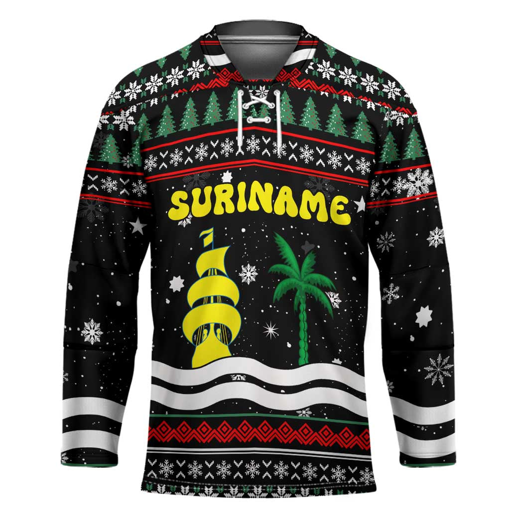 Suriname Christmas Hockey Jersey with Black Festive Pattern, Golden Ship, Palm Tree, and Coat of Arms Motif - Wonder Print Shop