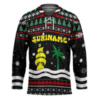 Suriname Christmas Hockey Jersey with Black Festive Pattern, Golden Ship, Palm Tree, and Coat of Arms Motif - Wonder Print Shop