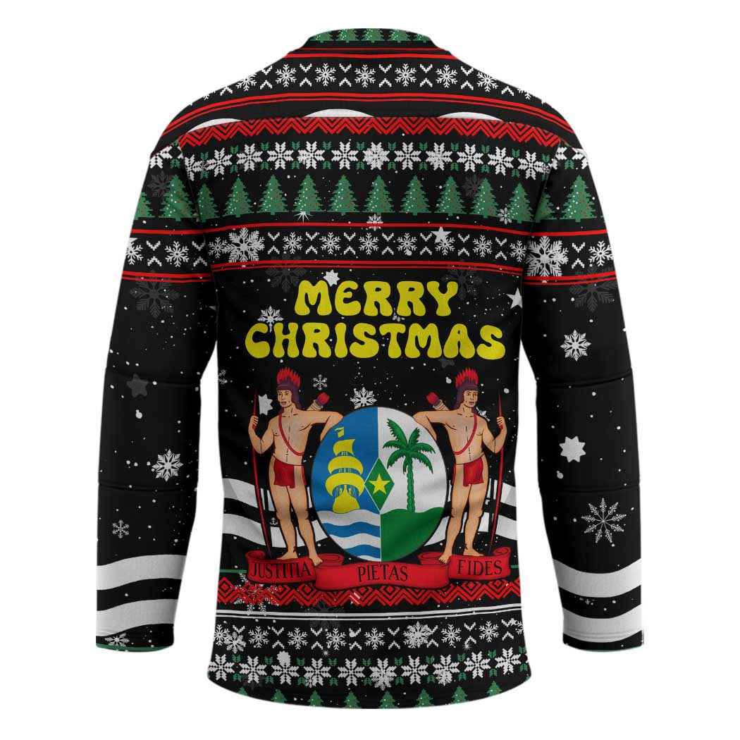 Suriname Christmas Hockey Jersey with Black Festive Pattern, Golden Ship, Palm Tree, and Coat of Arms Motif - Wonder Print Shop