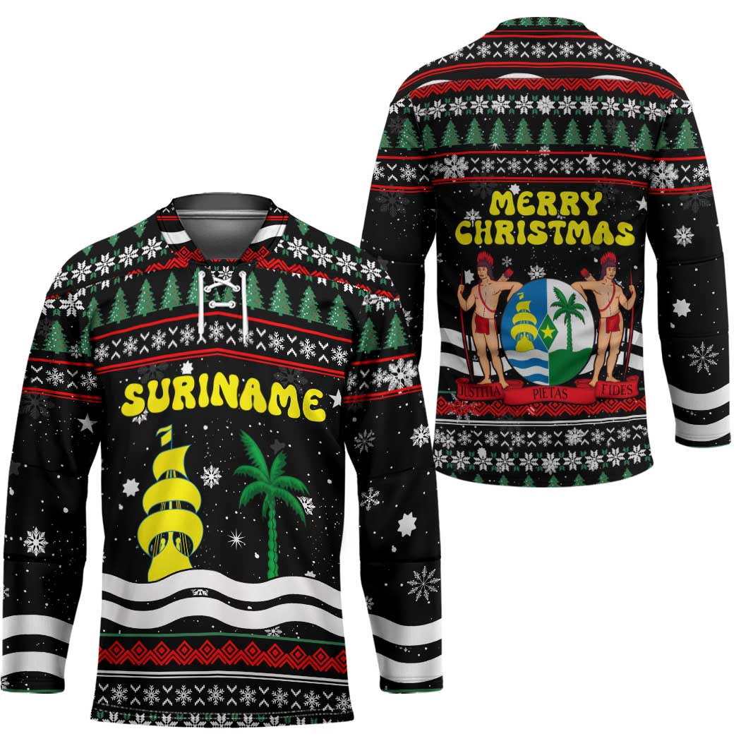 Suriname Christmas Hockey Jersey with Black Festive Pattern, Golden Ship, Palm Tree, and Coat of Arms Motif - Wonder Print Shop