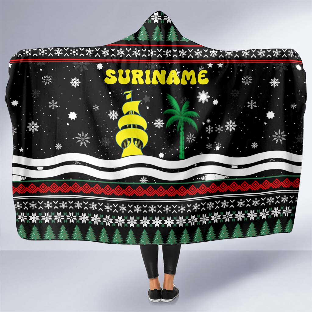 Suriname Christmas Hooded Blanket with Black Festive Pattern, Golden Ship, Palm Tree, and Coat of Arms Motif - Wonder Print Shop