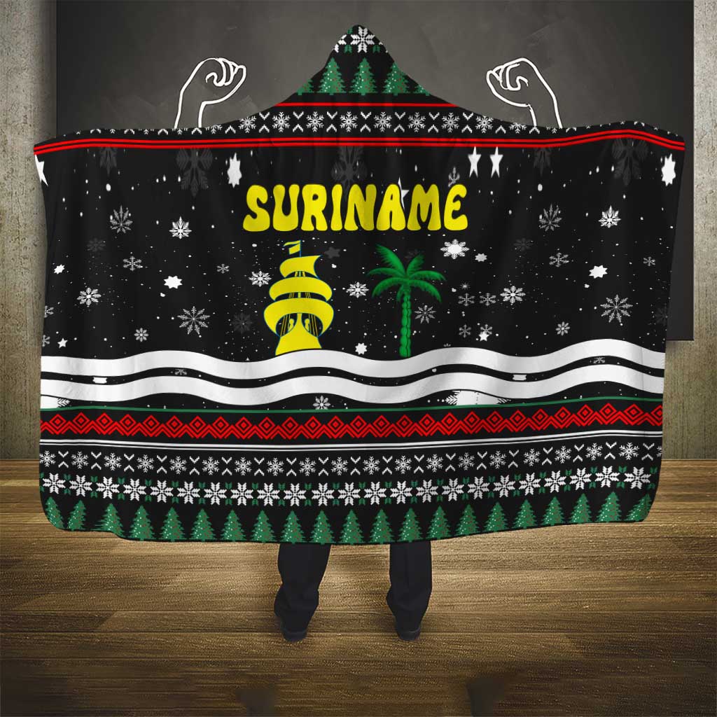 Suriname Christmas Hooded Blanket with Black Festive Pattern, Golden Ship, Palm Tree, and Coat of Arms Motif - Wonder Print Shop