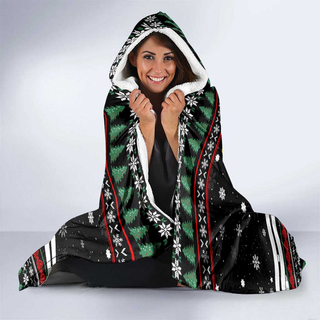 Suriname Christmas Hooded Blanket with Black Festive Pattern, Golden Ship, Palm Tree, and Coat of Arms Motif - Wonder Print Shop