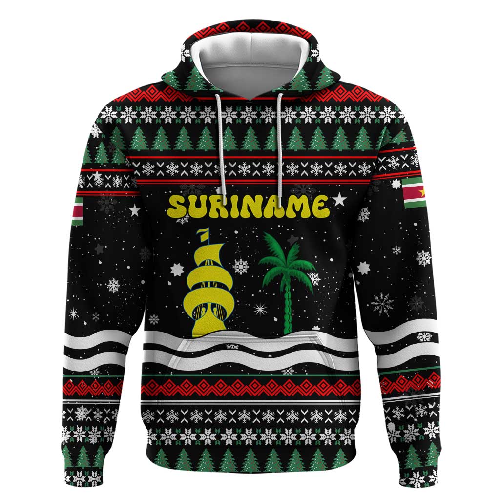 Suriname Christmas Hoodie with Black Festive Pattern, Golden Ship, Palm Tree, and Coat of Arms Motif - Wonder Print Shop