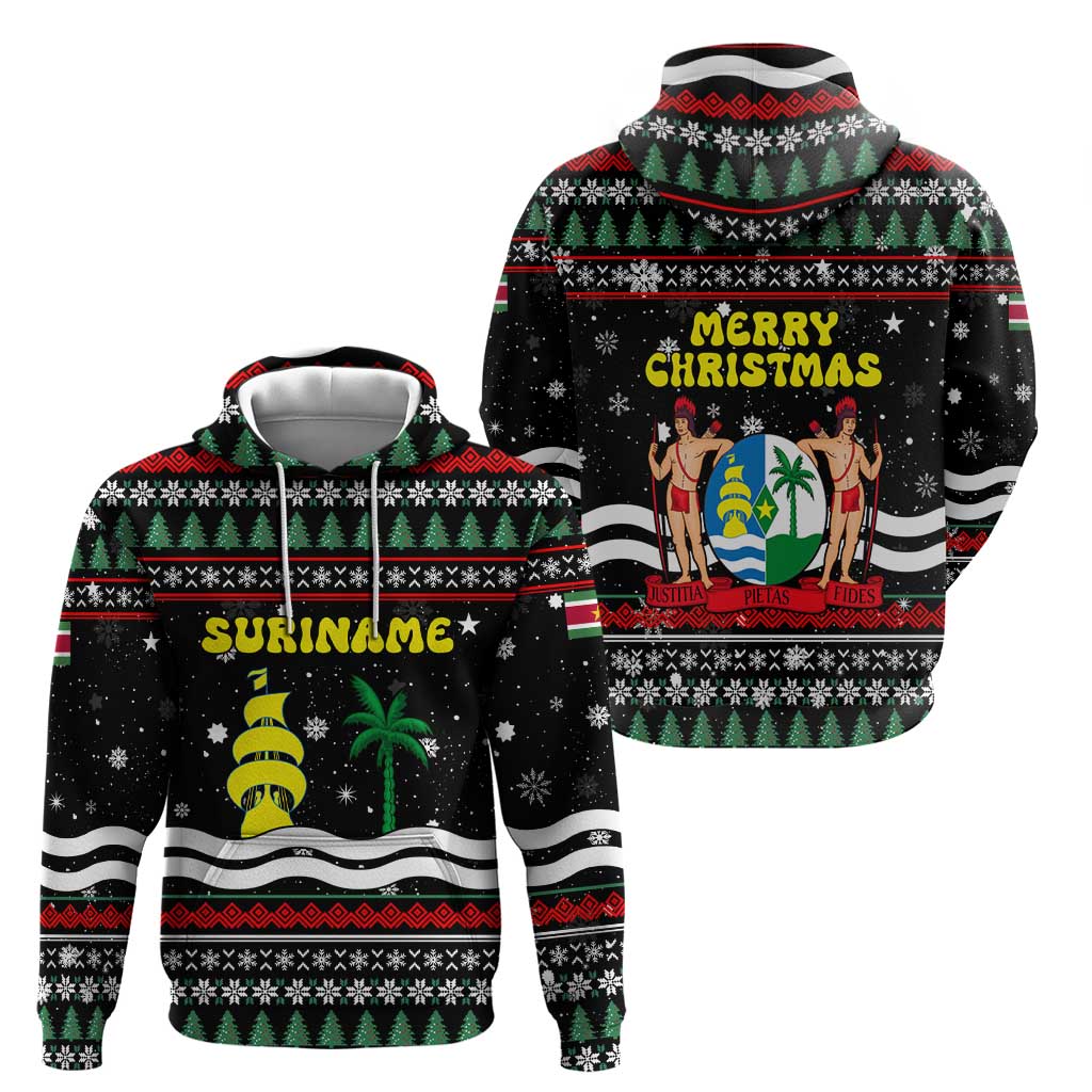 Suriname Christmas Hoodie with Black Festive Pattern, Golden Ship, Palm Tree, and Coat of Arms Motif - Wonder Print Shop