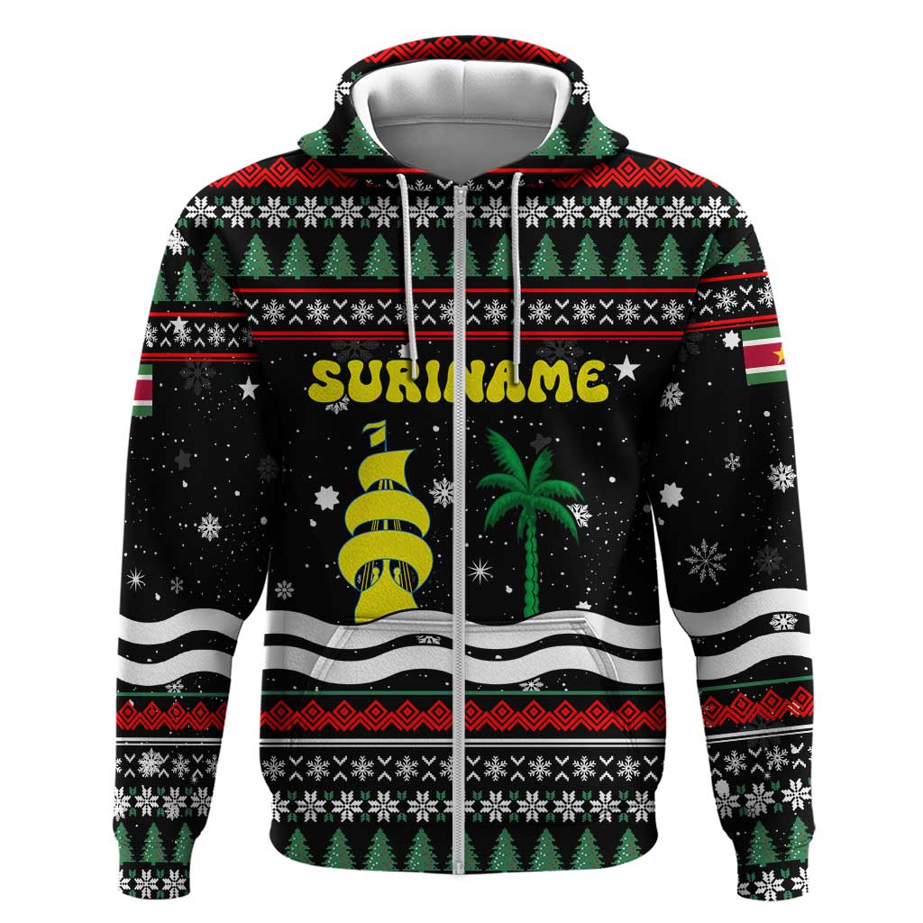 Suriname Christmas Hoodie with Black Festive Pattern, Golden Ship, Palm Tree, and Coat of Arms Motif - Wonder Print Shop