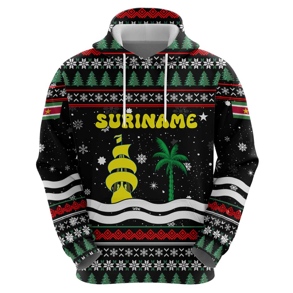 Suriname Christmas Hoodie with Black Festive Pattern, Golden Ship, Palm Tree, and Coat of Arms Motif - Wonder Print Shop