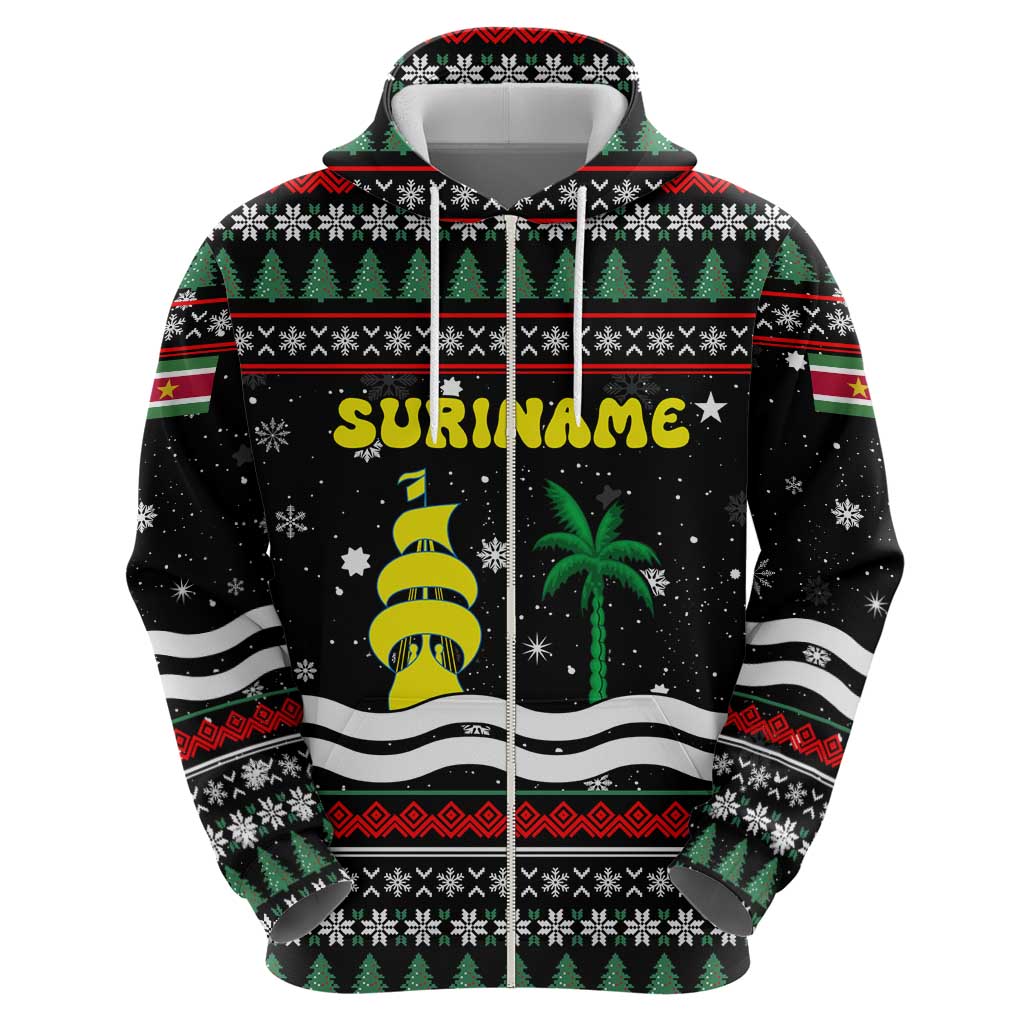 Suriname Christmas Hoodie with Black Festive Pattern, Golden Ship, Palm Tree, and Coat of Arms Motif - Wonder Print Shop