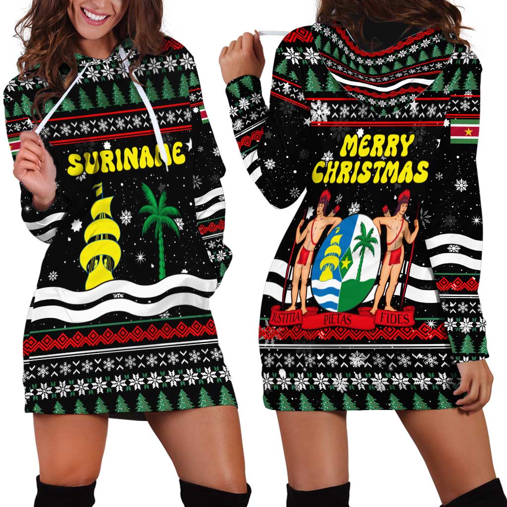 Suriname Christmas Hoodie Dress with Black Festive Pattern, Golden Ship, Palm Tree, and Coat of Arms Motif - Wonder Print Shop