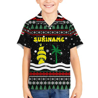 Suriname Christmas Kid Hawaiian Shirt with Black Festive Pattern, Golden Ship, Palm Tree, and Coat of Arms Motif - Wonder Print Shop