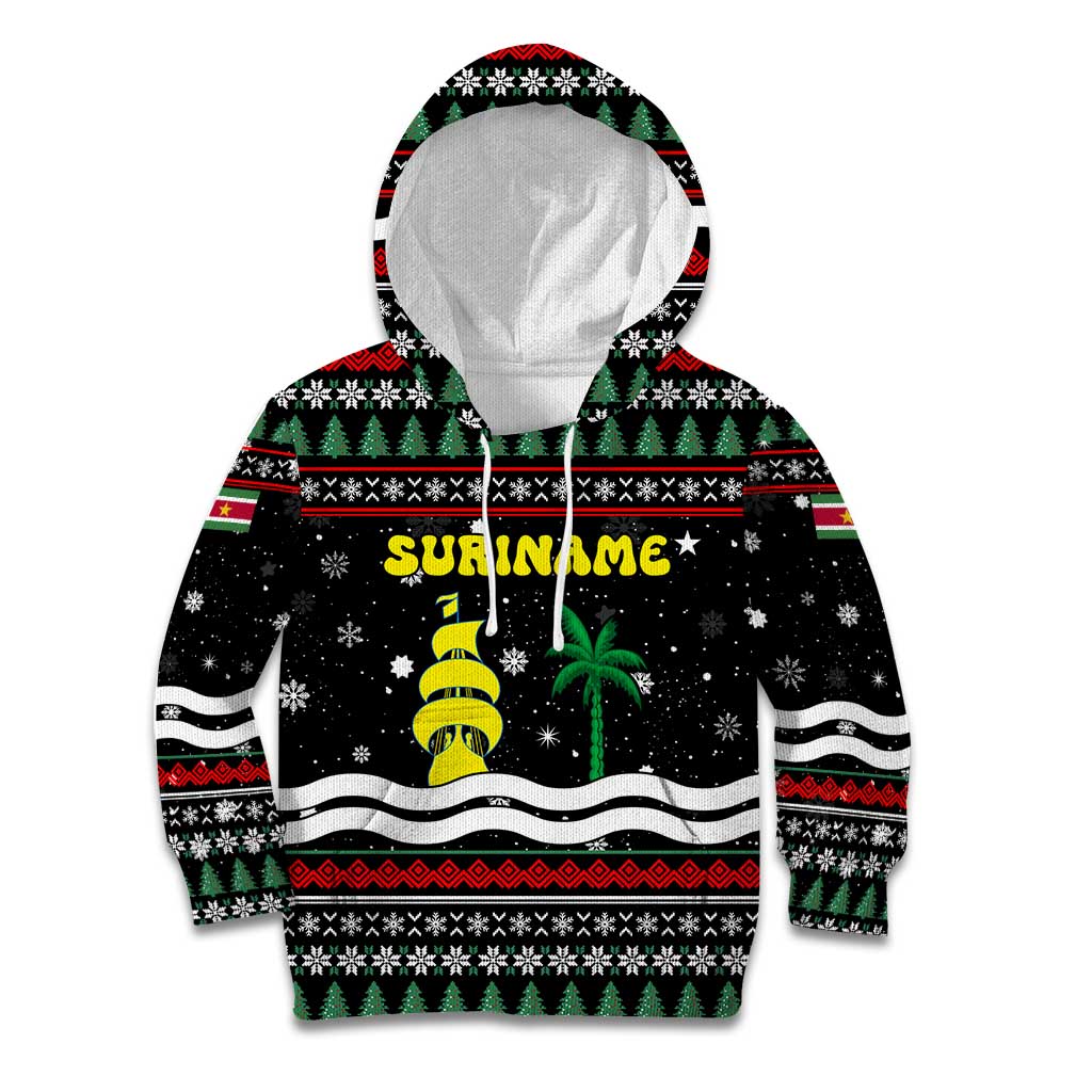 Suriname Christmas Kid Hoodie with Black Festive Pattern, Golden Ship, Palm Tree, and Coat of Arms Motif - Wonder Print Shop