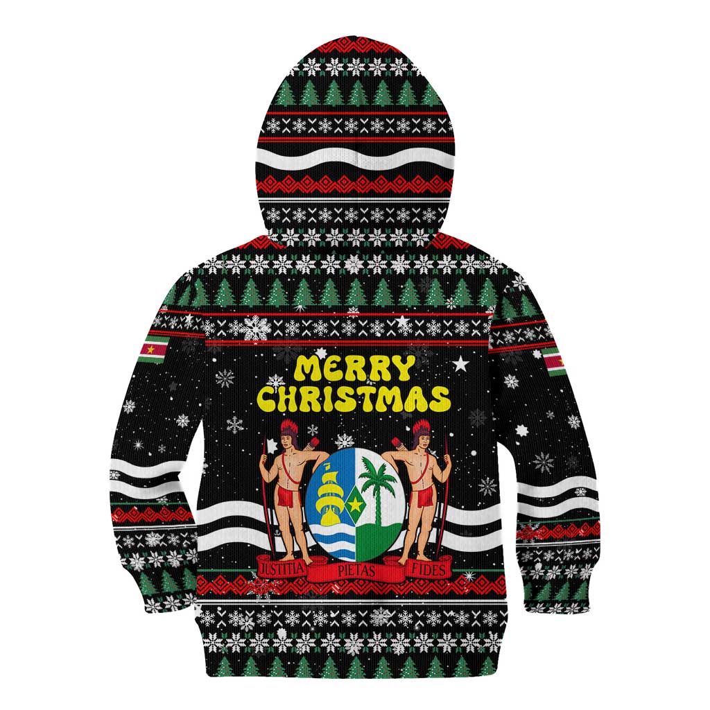 Suriname Christmas Kid Hoodie with Black Festive Pattern, Golden Ship, Palm Tree, and Coat of Arms Motif - Wonder Print Shop