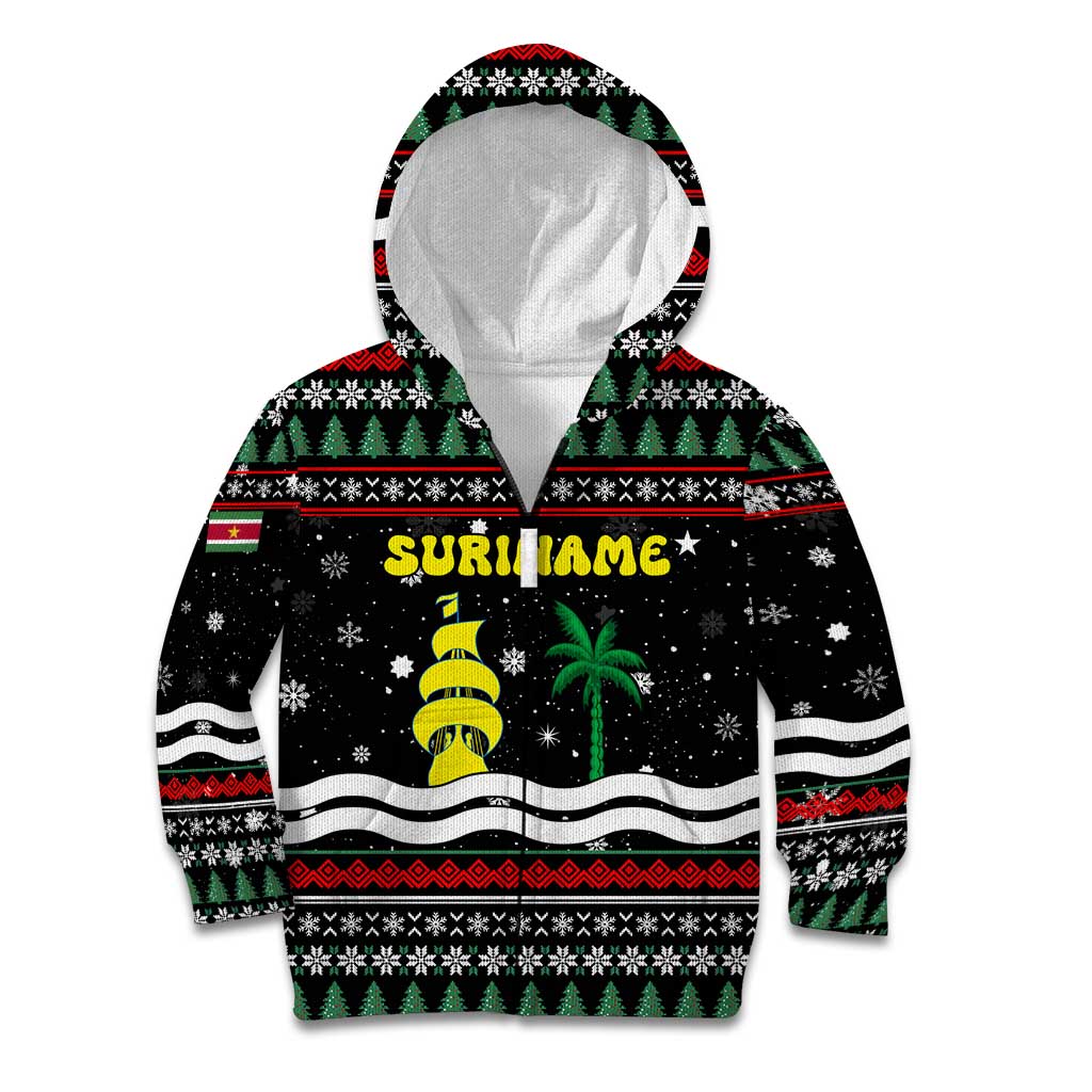 Suriname Christmas Kid Hoodie with Black Festive Pattern, Golden Ship, Palm Tree, and Coat of Arms Motif - Wonder Print Shop