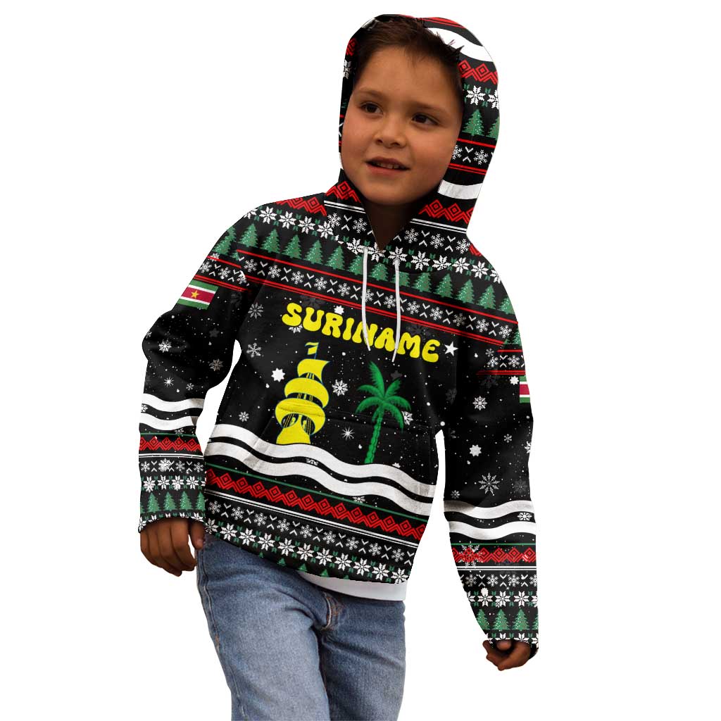 Suriname Christmas Kid Hoodie with Black Festive Pattern, Golden Ship, Palm Tree, and Coat of Arms Motif - Wonder Print Shop