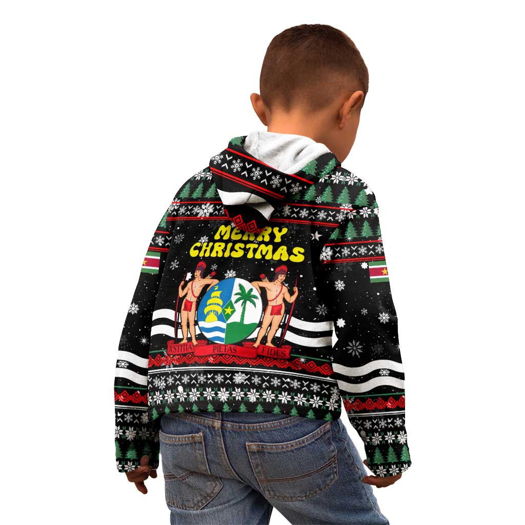 Suriname Christmas Kid Hoodie with Black Festive Pattern, Golden Ship, Palm Tree, and Coat of Arms Motif - Wonder Print Shop
