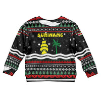 Suriname Christmas Kid Ugly Christmas Sweater with Black Festive Pattern, Golden Ship, Palm Tree, and Coat of Arms Motif - Wonder Print Shop