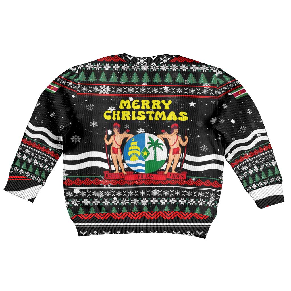 Suriname Christmas Kid Ugly Christmas Sweater with Black Festive Pattern, Golden Ship, Palm Tree, and Coat of Arms Motif - Wonder Print Shop