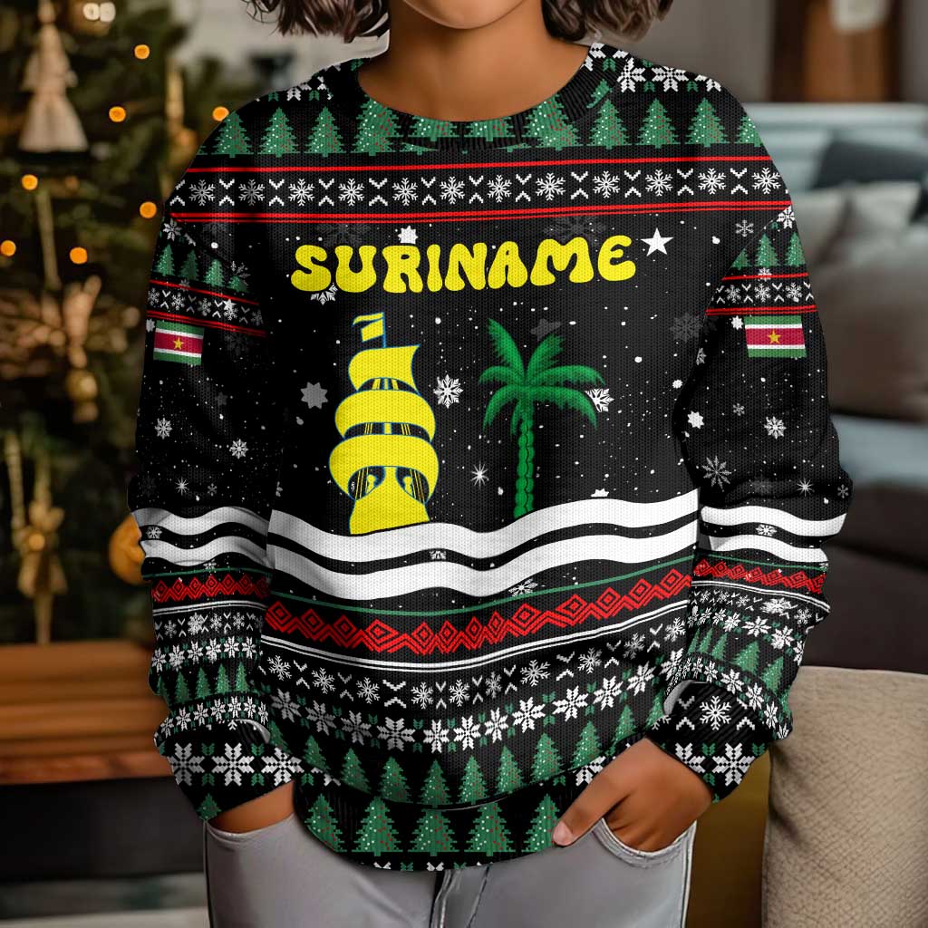 Suriname Christmas Kid Ugly Christmas Sweater with Black Festive Pattern, Golden Ship, Palm Tree, and Coat of Arms Motif - Wonder Print Shop