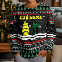 Suriname Christmas Kid Ugly Christmas Sweater with Black Festive Pattern, Golden Ship, Palm Tree, and Coat of Arms Motif - Wonder Print Shop