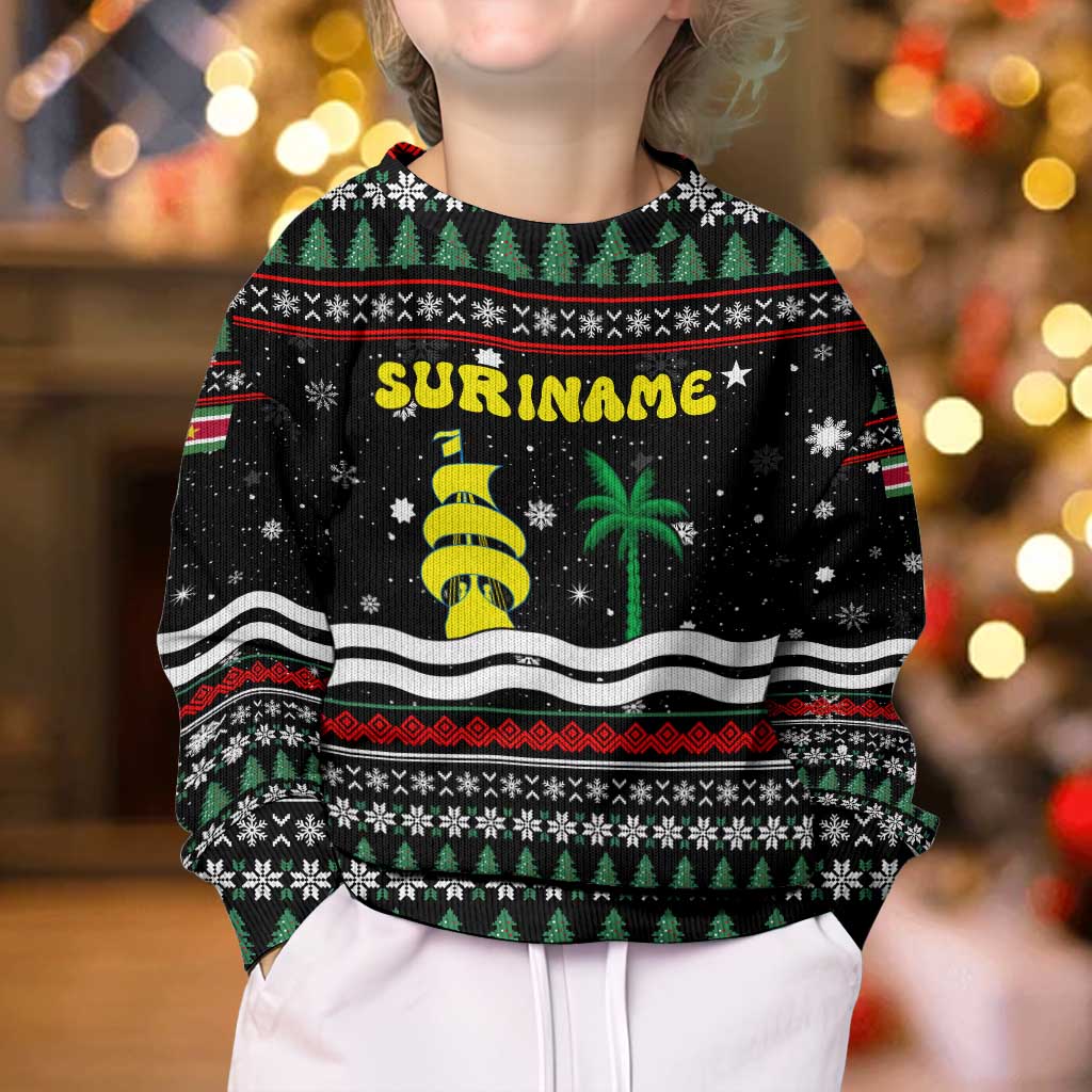 Suriname Christmas Kid Ugly Christmas Sweater with Black Festive Pattern, Golden Ship, Palm Tree, and Coat of Arms Motif - Wonder Print Shop