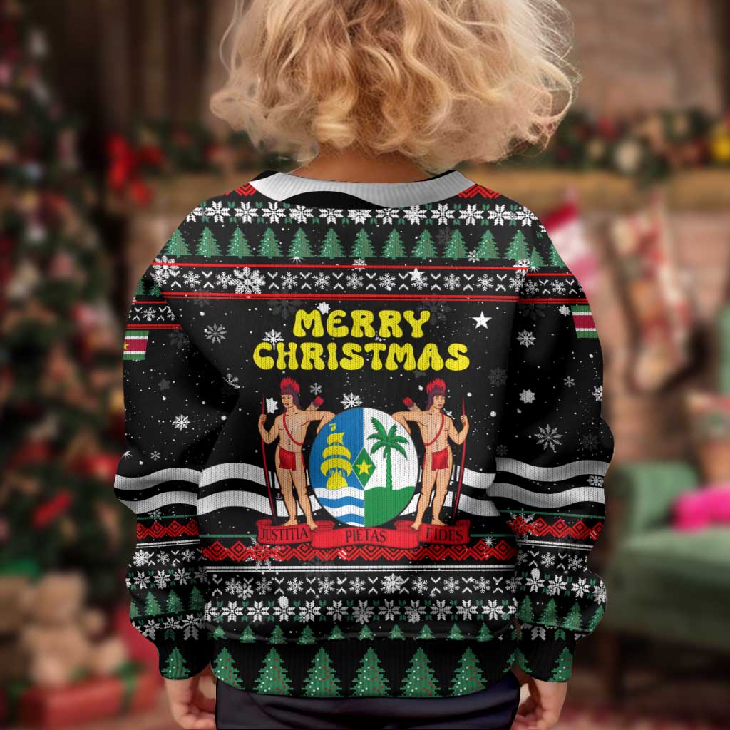 Suriname Christmas Kid Ugly Christmas Sweater with Black Festive Pattern, Golden Ship, Palm Tree, and Coat of Arms Motif - Wonder Print Shop