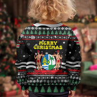 Suriname Christmas Kid Ugly Christmas Sweater with Black Festive Pattern, Golden Ship, Palm Tree, and Coat of Arms Motif - Wonder Print Shop
