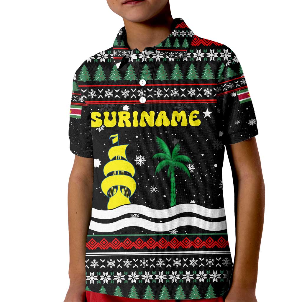 Suriname Christmas Kid Polo Shirt with Black Festive Pattern, Golden Ship, Palm Tree, and Coat of Arms Motif - Wonder Print Shop