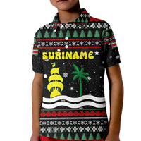 Suriname Christmas Kid Polo Shirt with Black Festive Pattern, Golden Ship, Palm Tree, and Coat of Arms Motif - Wonder Print Shop
