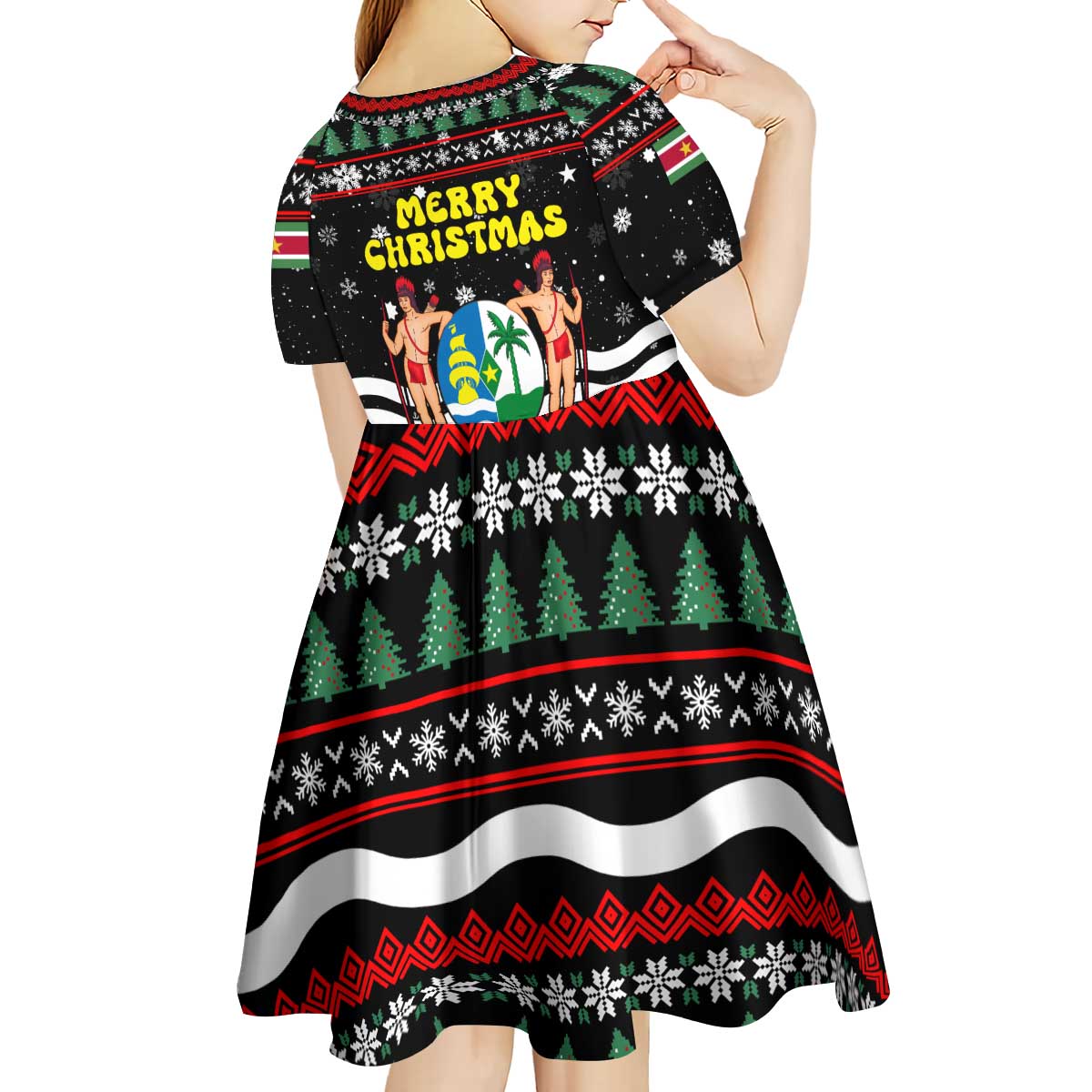 Suriname Christmas Kid Short Sleeve Dress with Black Festive Pattern, Golden Ship, Palm Tree, and Coat of Arms Motif - Wonder Print Shop