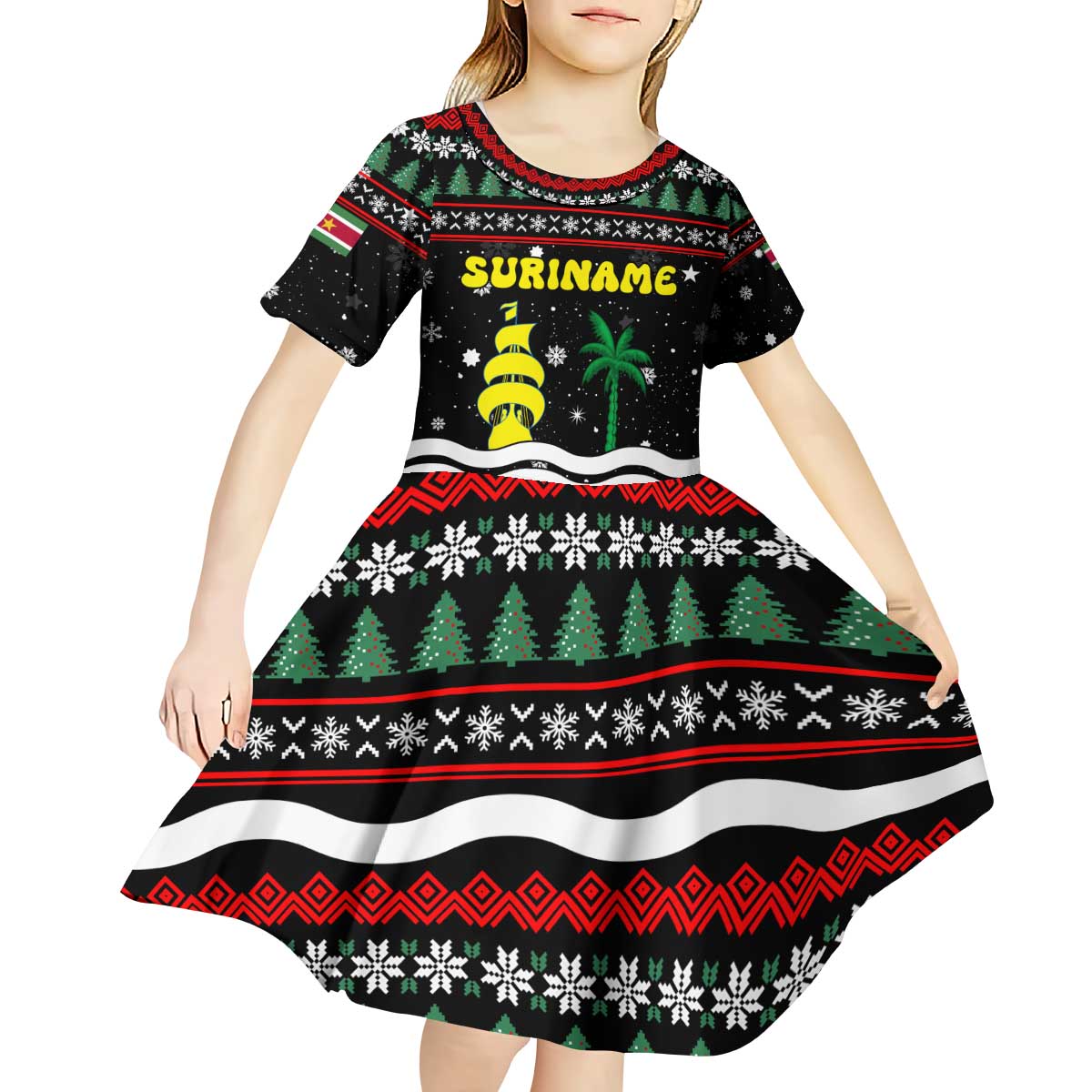Suriname Christmas Kid Short Sleeve Dress with Black Festive Pattern, Golden Ship, Palm Tree, and Coat of Arms Motif - Wonder Print Shop