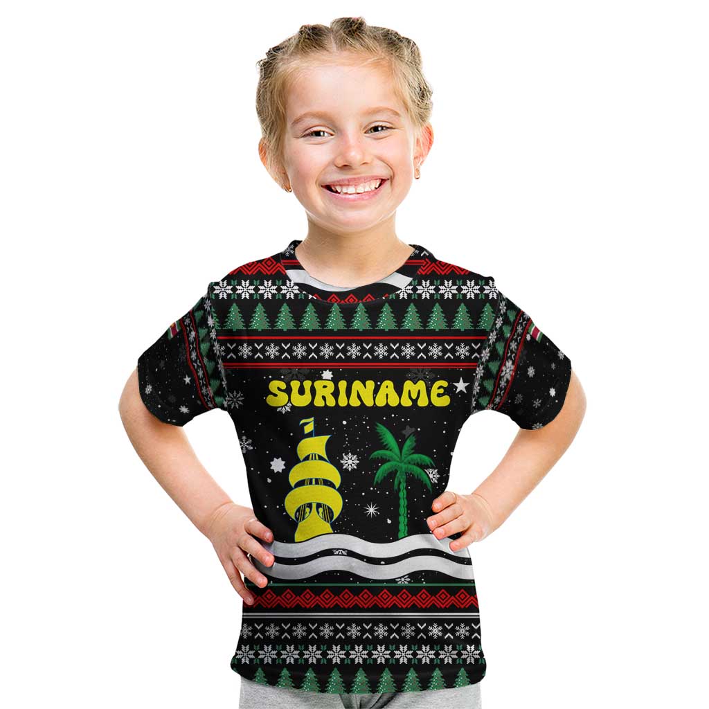 Suriname Christmas Kid T Shirt with Black Festive Pattern, Golden Ship, Palm Tree, and Coat of Arms Motif - Wonder Print Shop