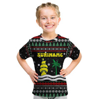 Suriname Christmas Kid T Shirt with Black Festive Pattern, Golden Ship, Palm Tree, and Coat of Arms Motif - Wonder Print Shop