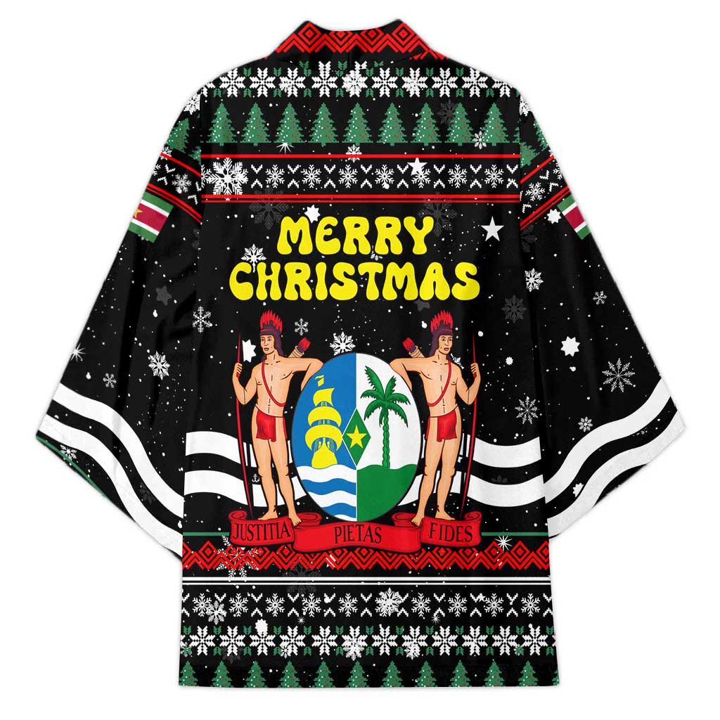 Suriname Christmas Kimono with Black Festive Pattern, Golden Ship, Palm Tree, and Coat of Arms Motif - Wonder Print Shop