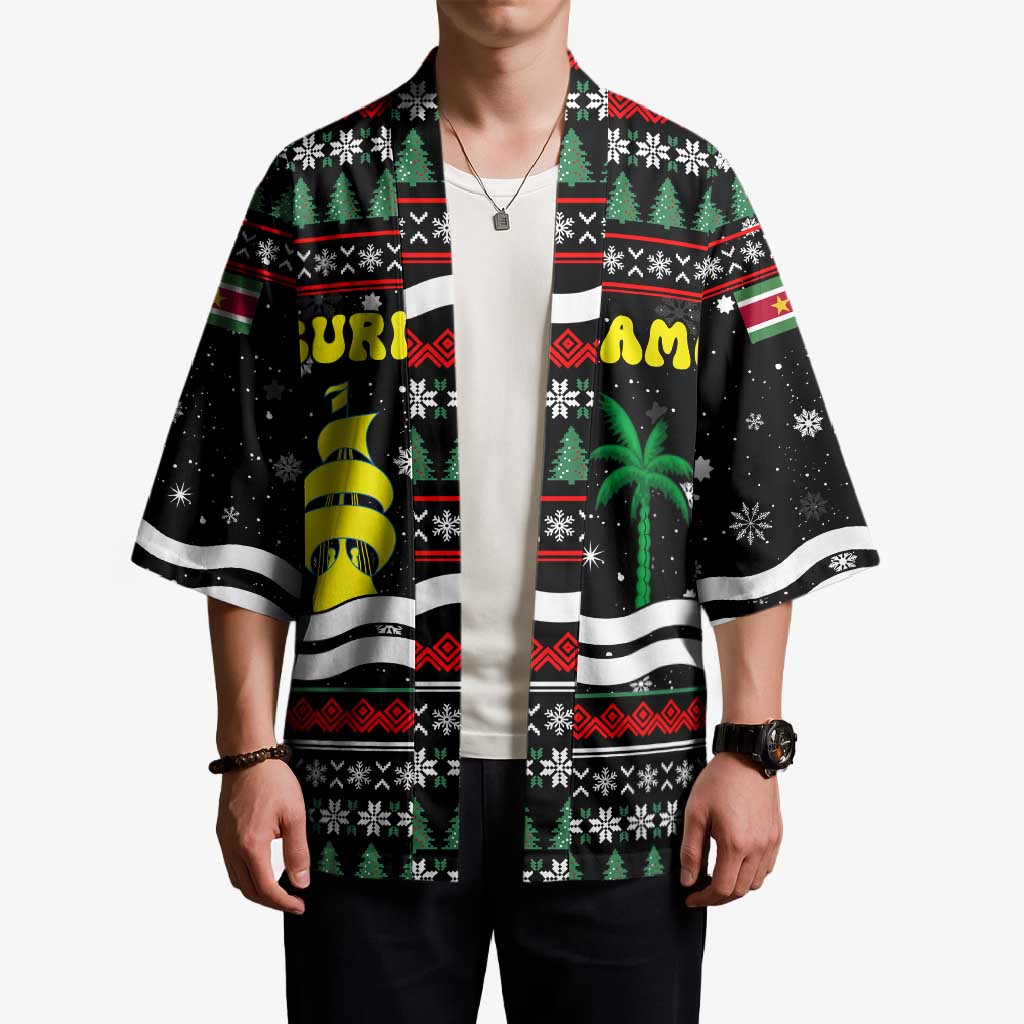 Suriname Christmas Kimono with Black Festive Pattern, Golden Ship, Palm Tree, and Coat of Arms Motif - Wonder Print Shop
