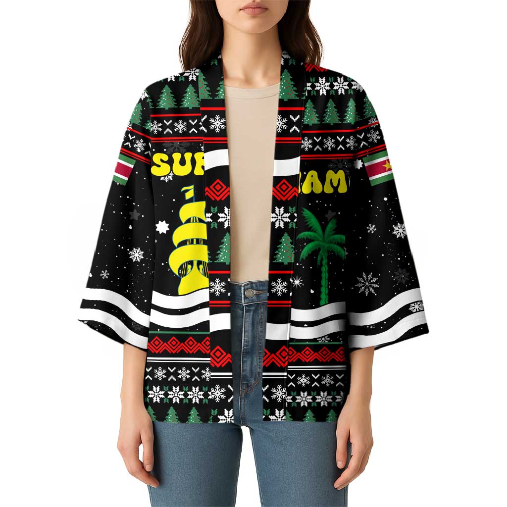 Suriname Christmas Kimono with Black Festive Pattern, Golden Ship, Palm Tree, and Coat of Arms Motif - Wonder Print Shop