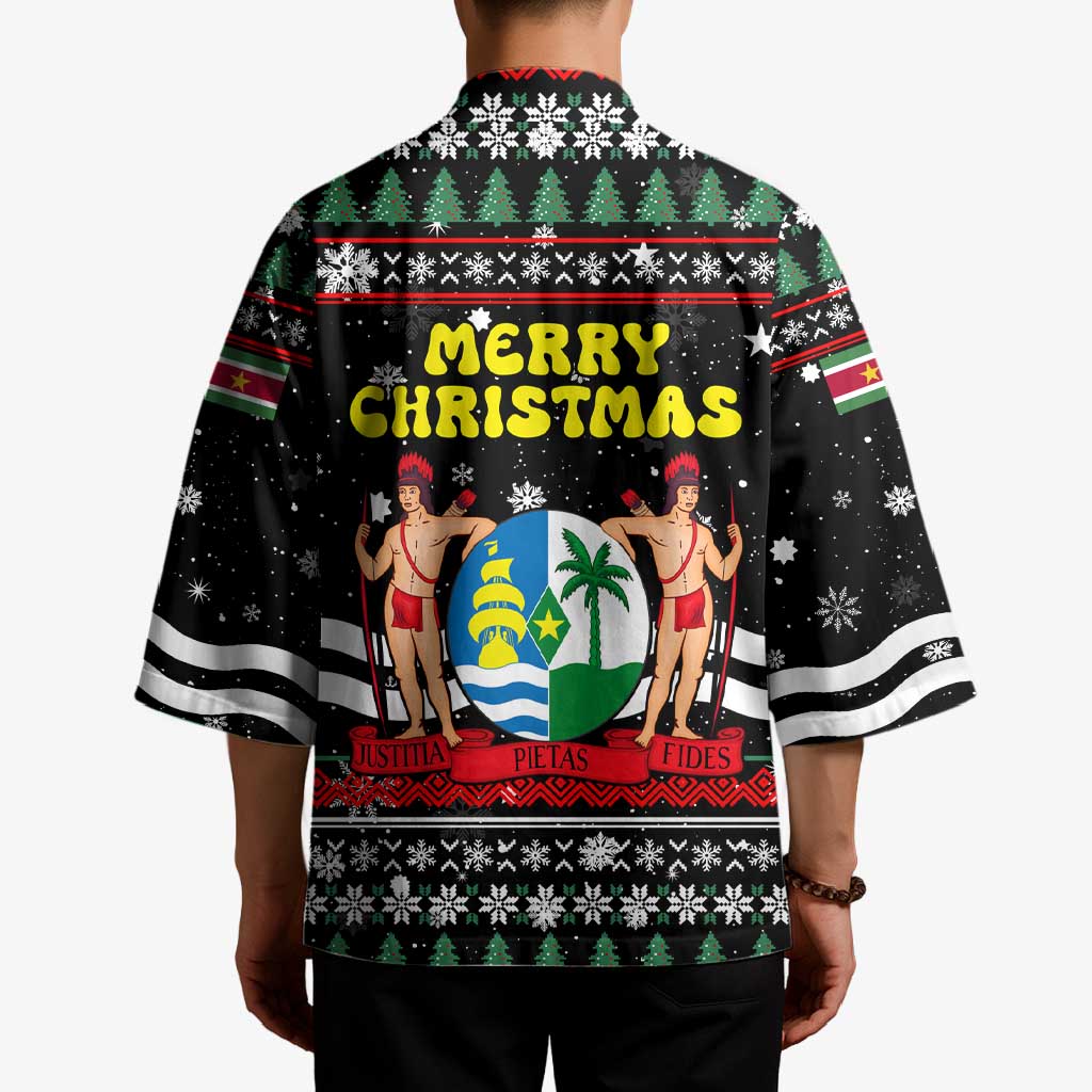Suriname Christmas Kimono with Black Festive Pattern, Golden Ship, Palm Tree, and Coat of Arms Motif - Wonder Print Shop