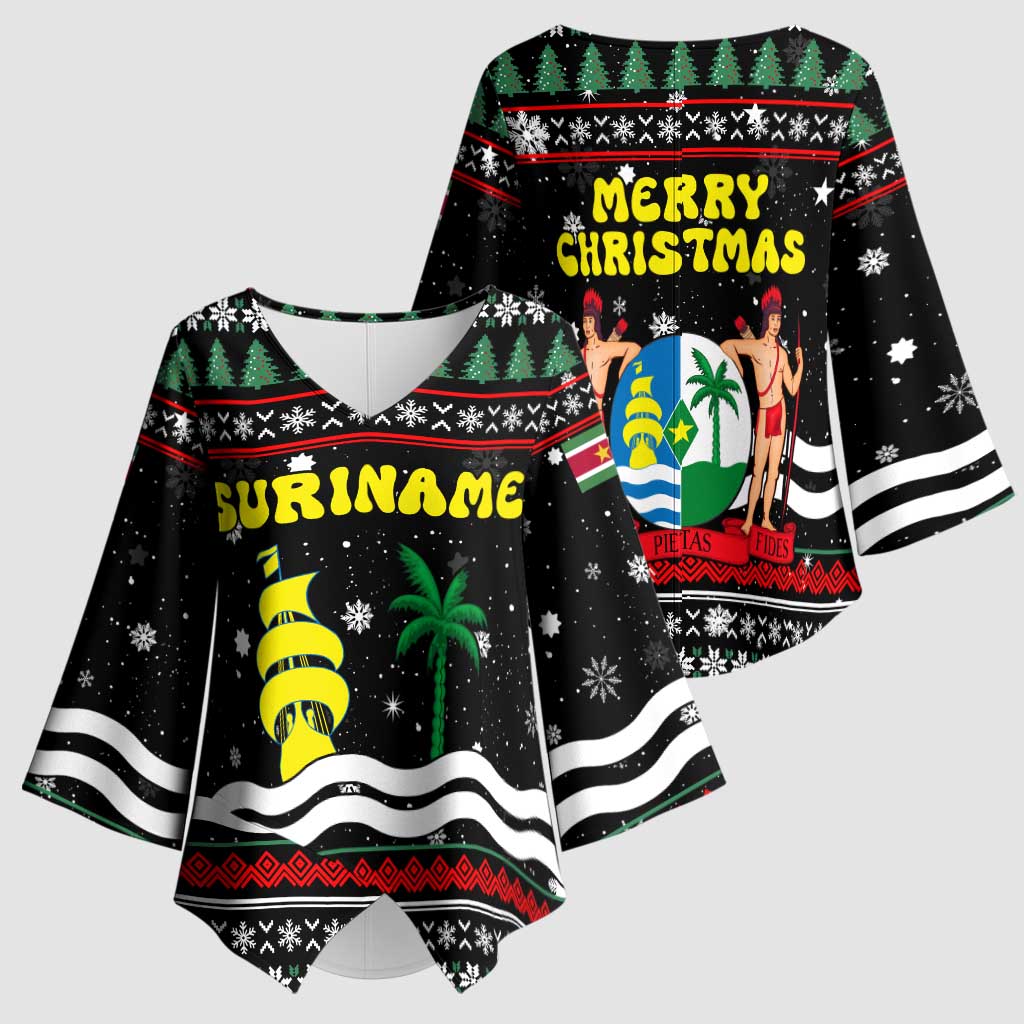 Suriname Christmas Kimono Sleeve Blouse with Black Festive Pattern, Golden Ship, Palm Tree, and Coat of Arms Motif - Wonder Print Shop