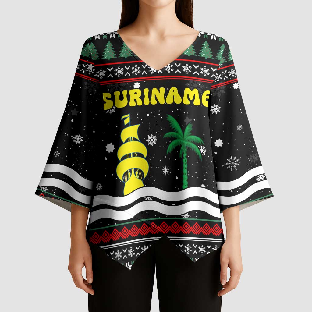 Suriname Christmas Kimono Sleeve Blouse with Black Festive Pattern, Golden Ship, Palm Tree, and Coat of Arms Motif - Wonder Print Shop