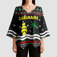 Suriname Christmas Kimono Sleeve Blouse with Black Festive Pattern, Golden Ship, Palm Tree, and Coat of Arms Motif - Wonder Print Shop