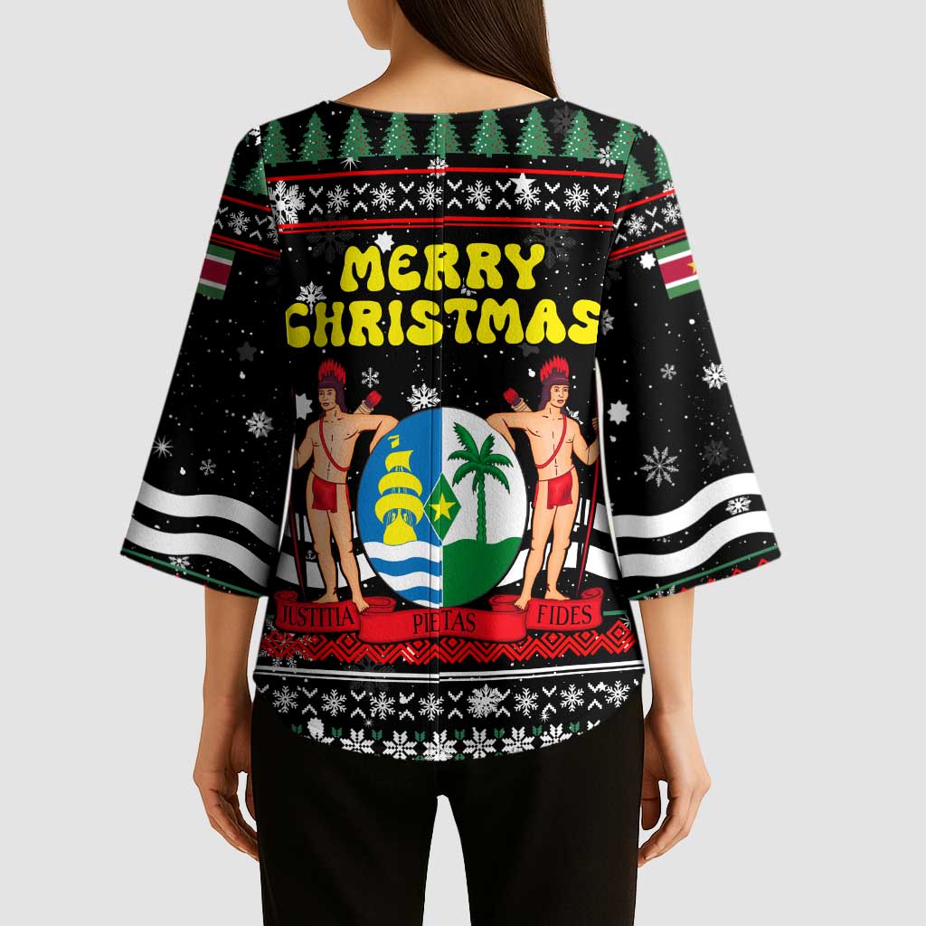 Suriname Christmas Kimono Sleeve Blouse with Black Festive Pattern, Golden Ship, Palm Tree, and Coat of Arms Motif - Wonder Print Shop