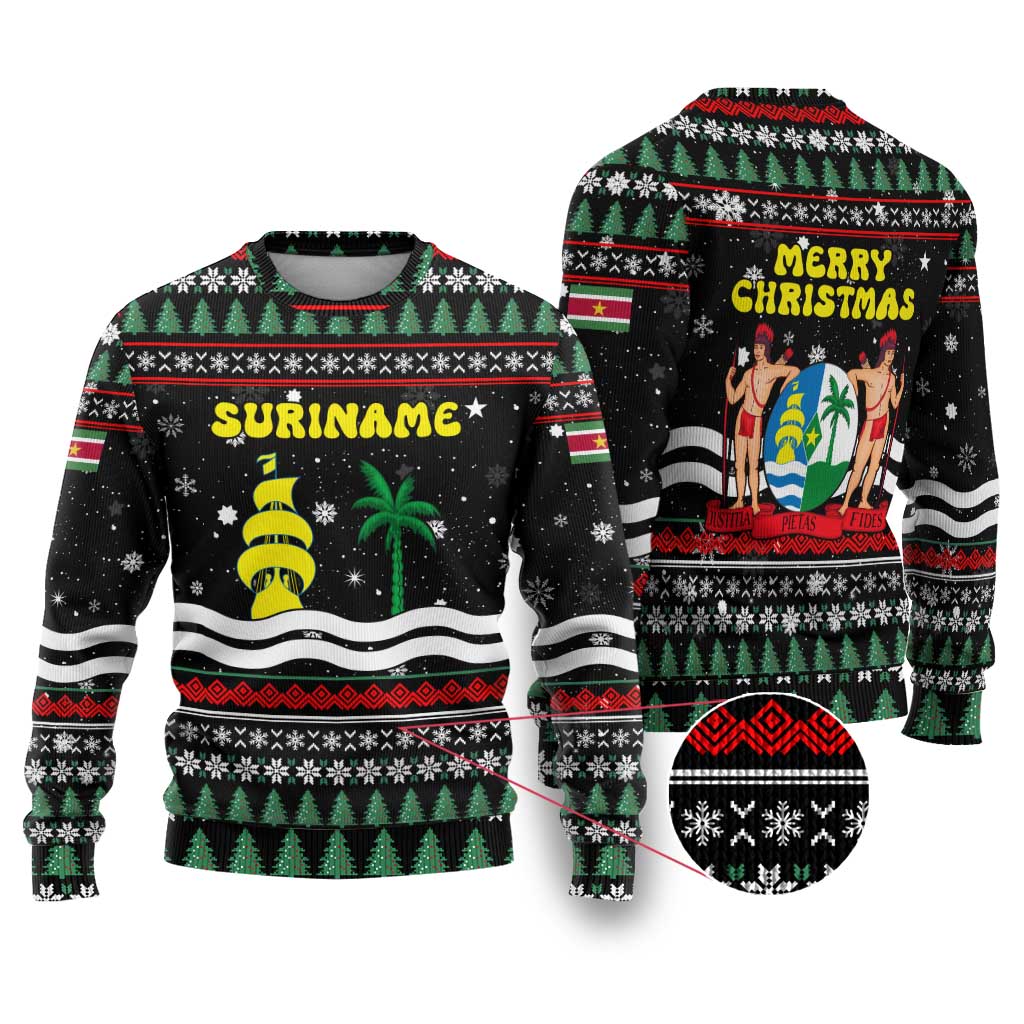 Suriname Christmas Ugly Christmas Sweater with Black Festive Pattern, Golden Ship, Palm Tree, and Coat of Arms Motif - Wonder Print Shop