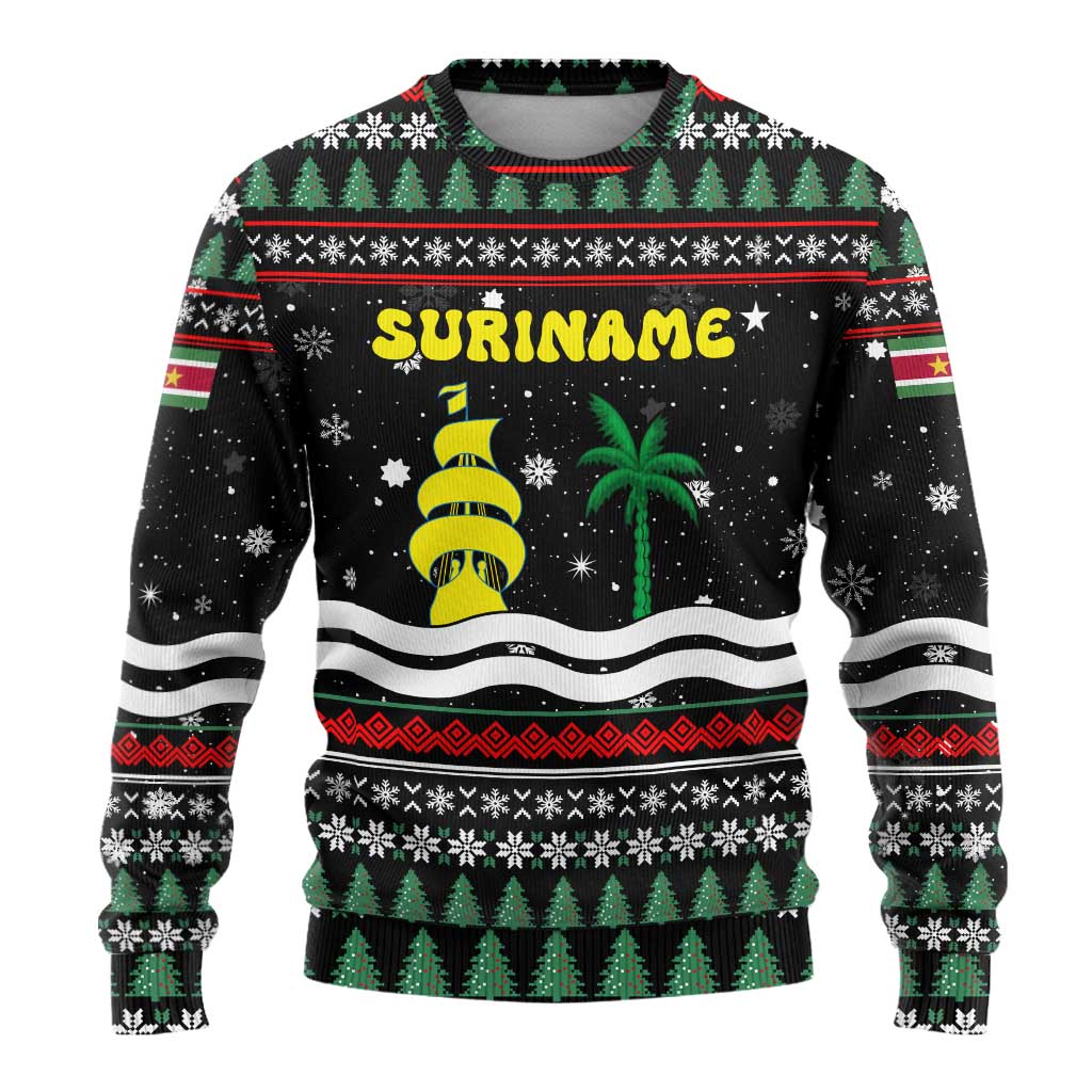 Suriname Christmas Ugly Christmas Sweater with Black Festive Pattern, Golden Ship, Palm Tree, and Coat of Arms Motif - Wonder Print Shop