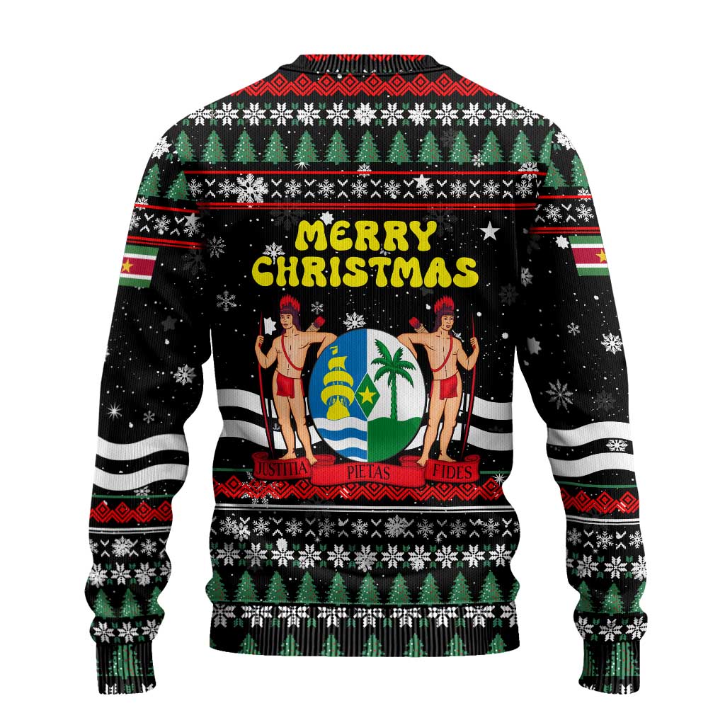 Suriname Christmas Ugly Christmas Sweater with Black Festive Pattern, Golden Ship, Palm Tree, and Coat of Arms Motif - Wonder Print Shop
