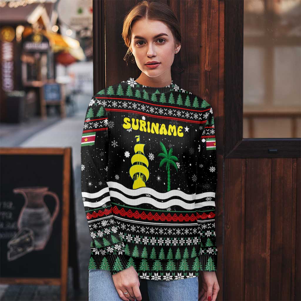 Suriname Christmas Ugly Christmas Sweater with Black Festive Pattern, Golden Ship, Palm Tree, and Coat of Arms Motif - Wonder Print Shop